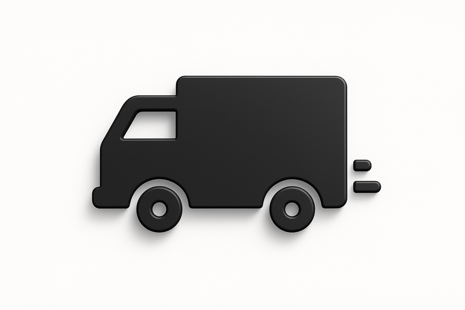 black 3D vector delivery truck icon facing left, clean minimal design, flat white background, rounded edges, soft shadow